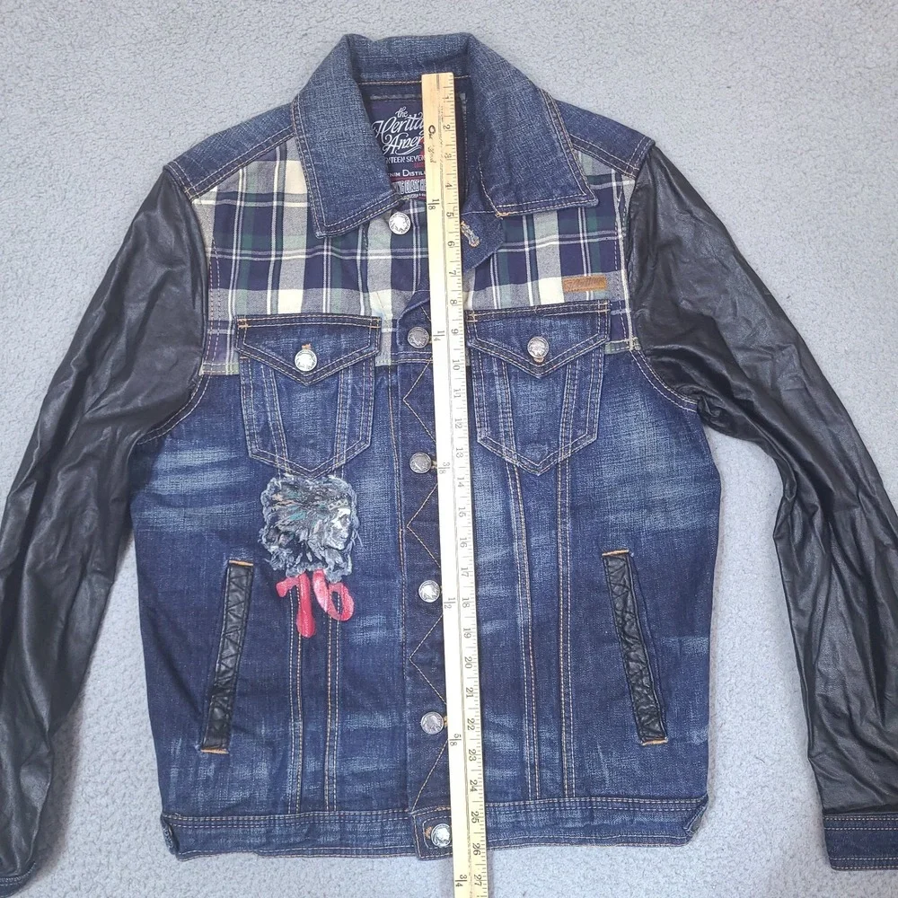 The Heritage America 1776 Denim Distillery Jacket Mens Small Faux Leather Forged